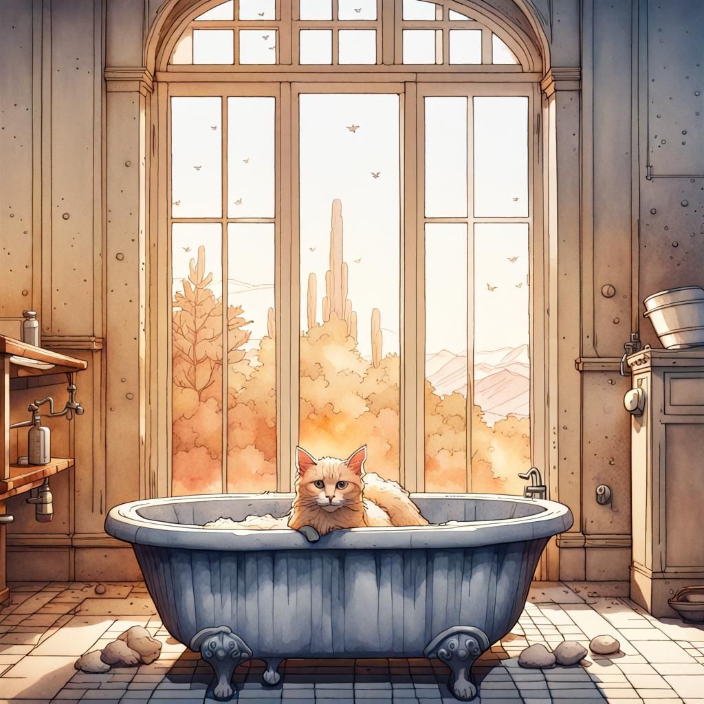 Cat Bathing in Watercolor Landscape with Dynamic Lighting