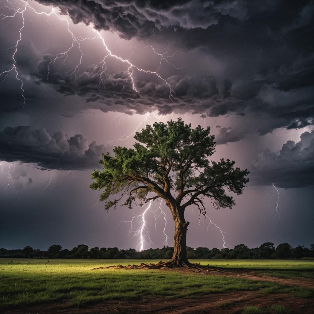 Dramatic Lightning Strikes Lone Tree at Night