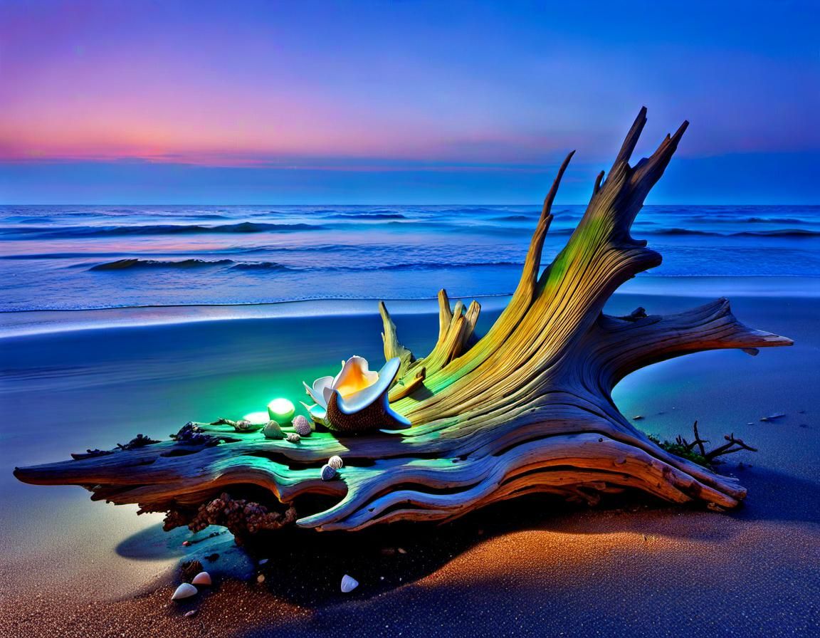 Seashell Statue on Beach, Digital Watercolor Art