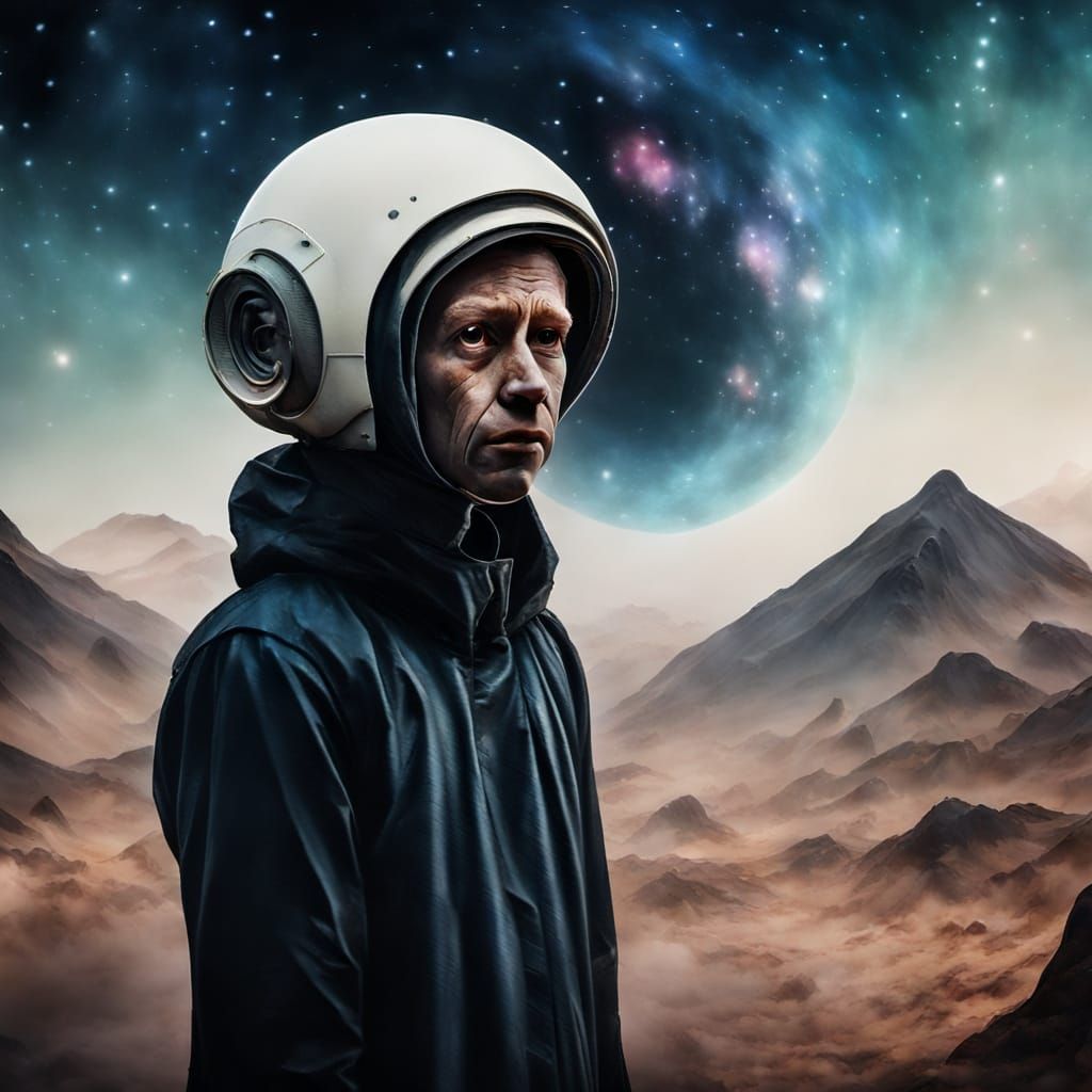 Cosmic Horror Figure Gazing into Infinite Universe