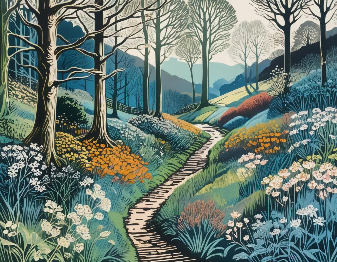 Hand-Colored Linoprint of Early Spring Landscape