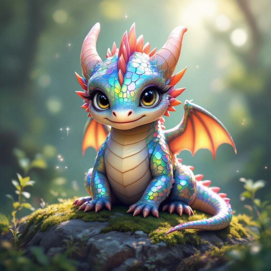 Cute Baby Dragon with Mirrored Scales Refracting Rainbows