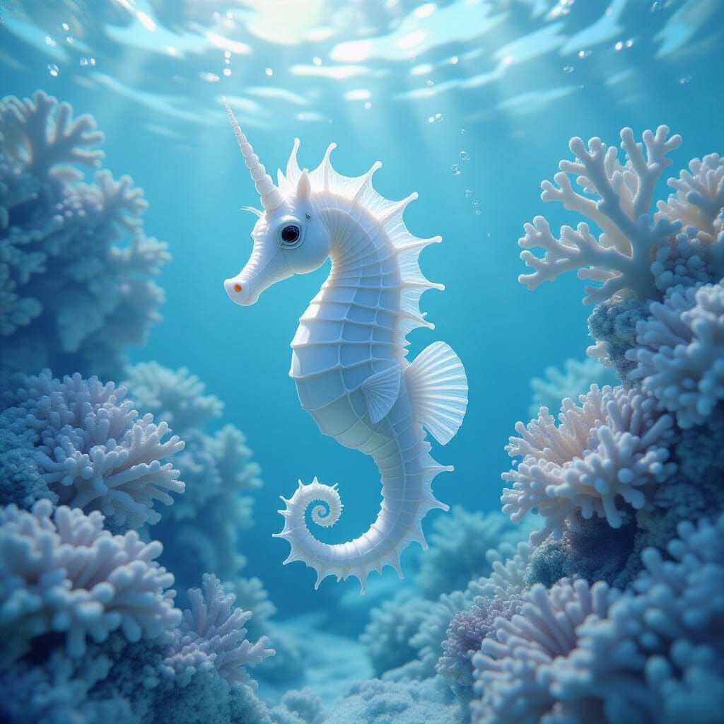 Translucent Seahorse in Ocean with Coral: Hyperrealistic