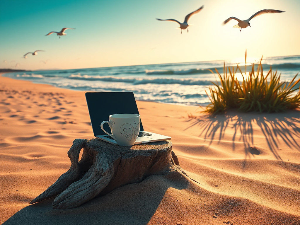 Beach Business: Coffee Cup and Laptop in Serene Dawn