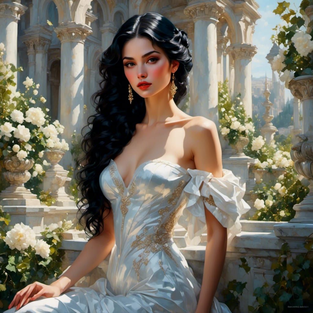 Innocent Black Hair Princess in Fantasy Marble Castle