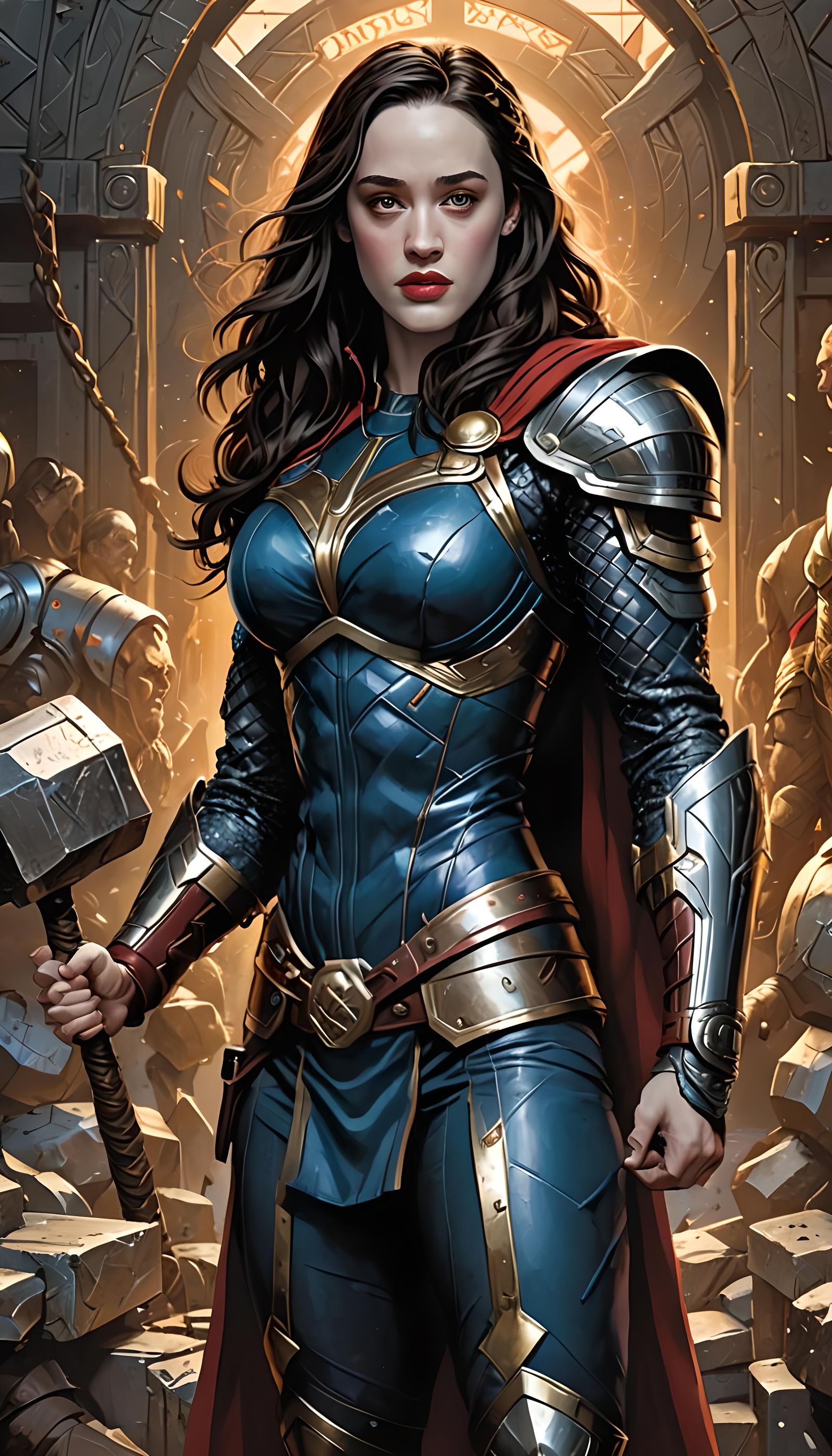 Superheroine in Armor Wielding Hammer, Comic Book Art