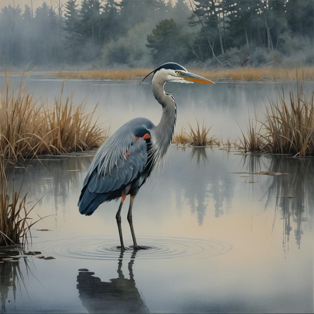 Heron in Estuary: Impressionist Gouache Watercolor