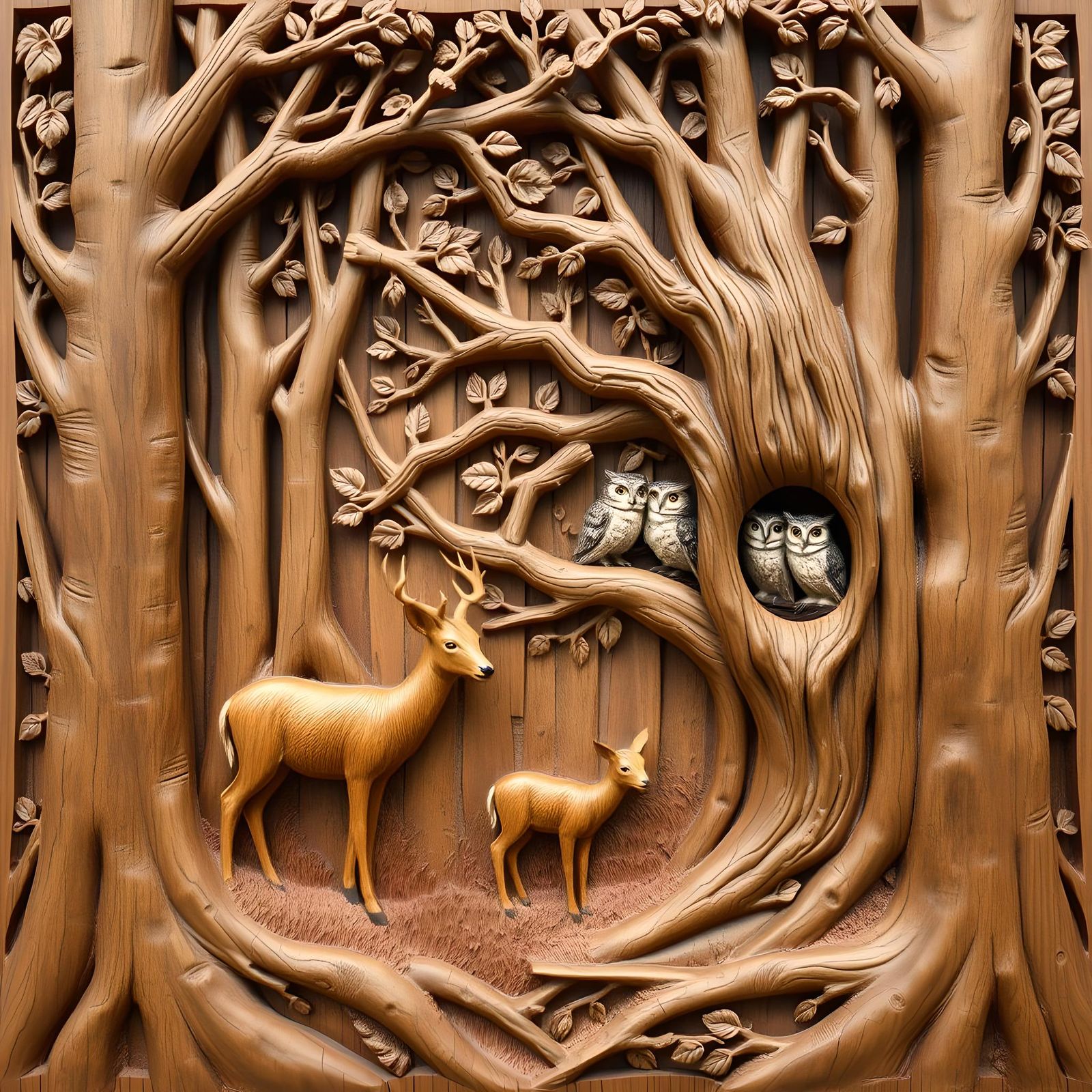 Detailed Wood Relief Carving of Forest Scene