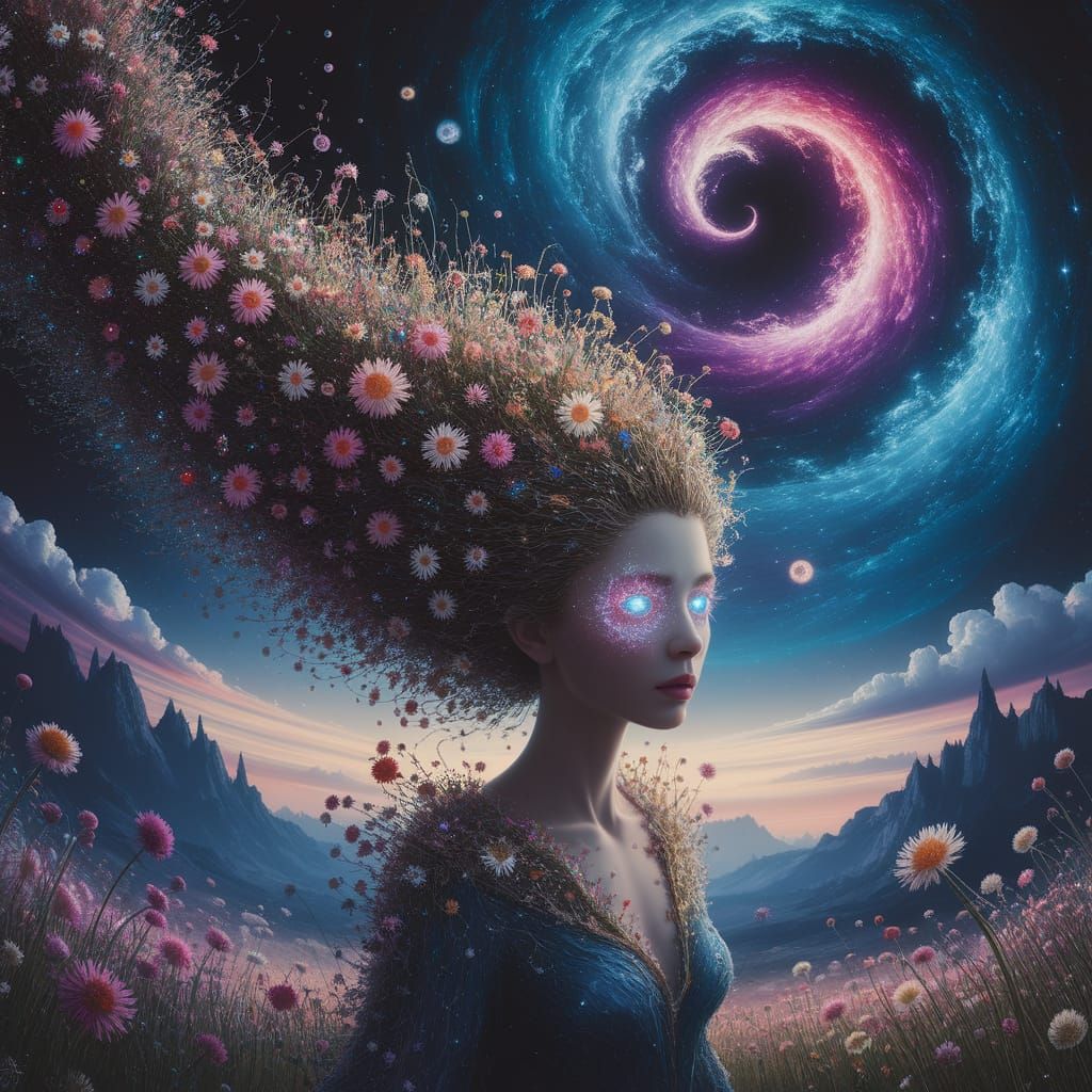 Surreal Figure Surrounded by Vibrant Wildflowers and Celesti...