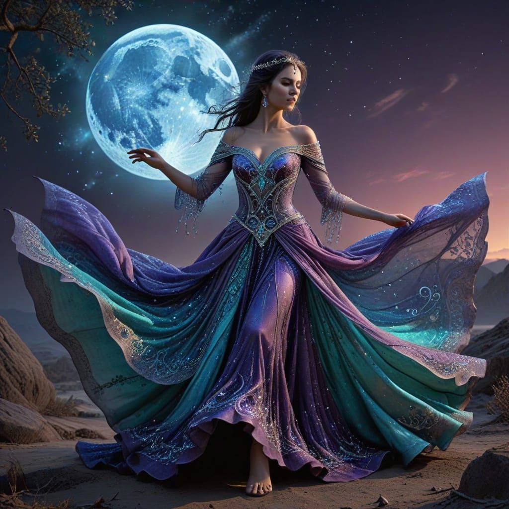 Stunning Sorceress Conjuring Magic Under the Moon