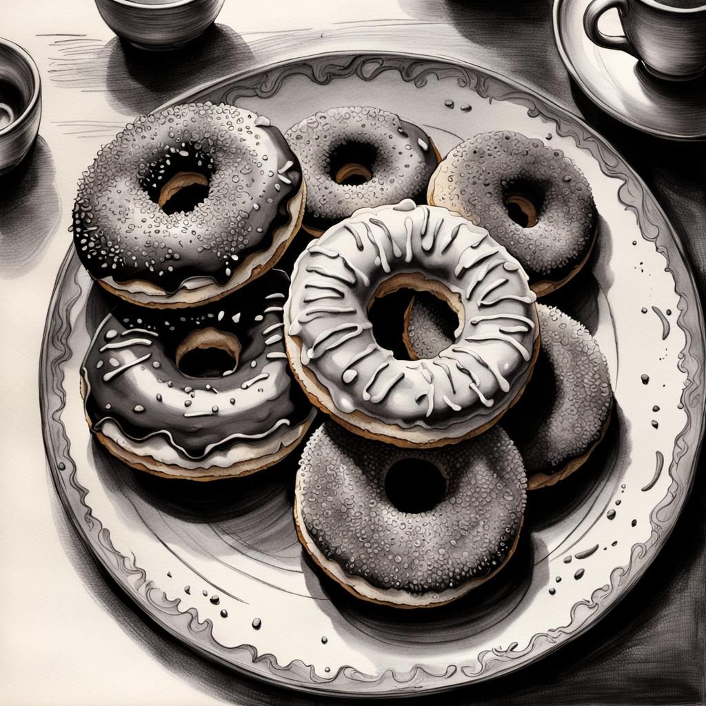 Donut Cookies on Plate, Charcoal Drawing