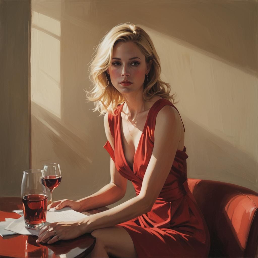 Contemplative Blonde Woman in Red Dress