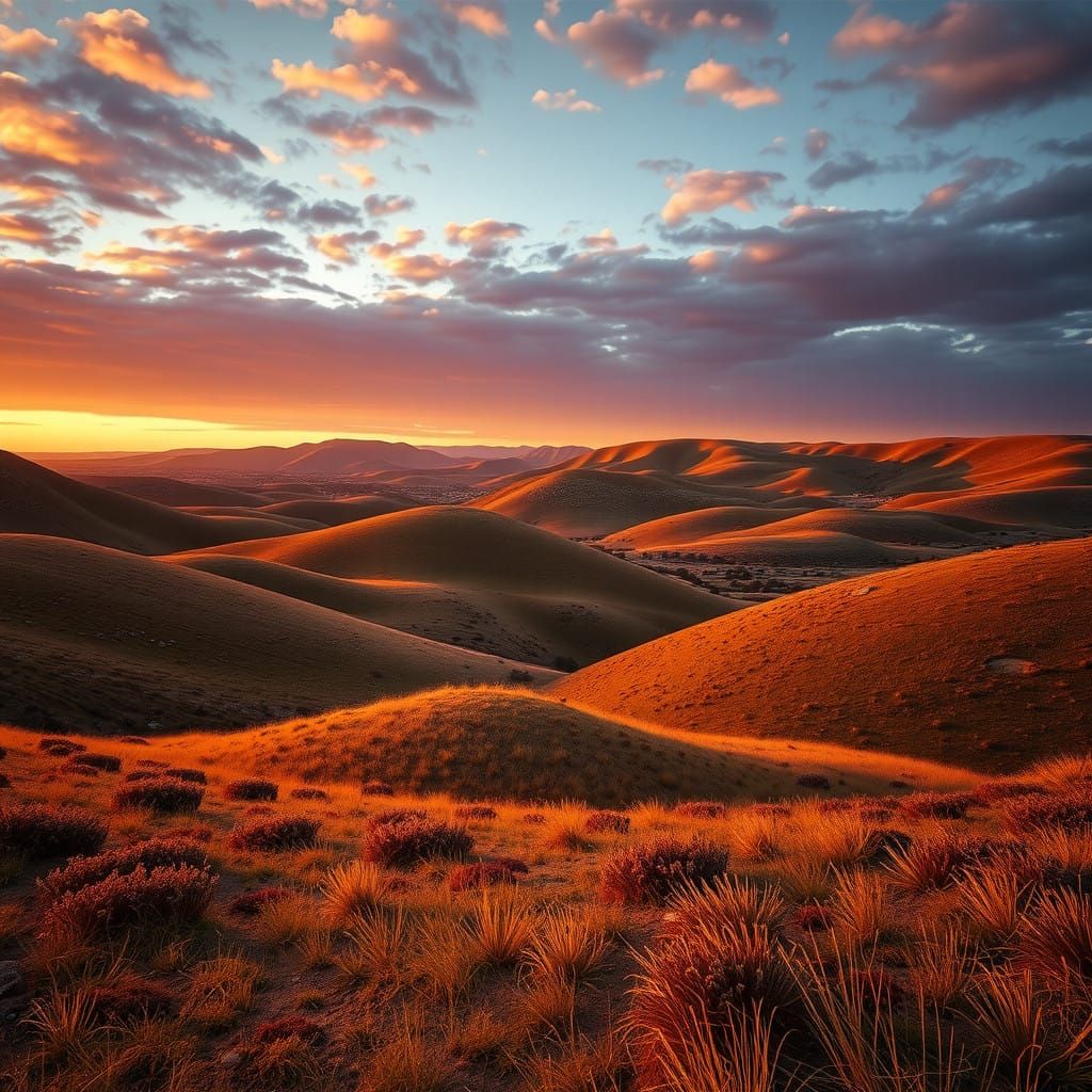 Sunset on the rolling hills.