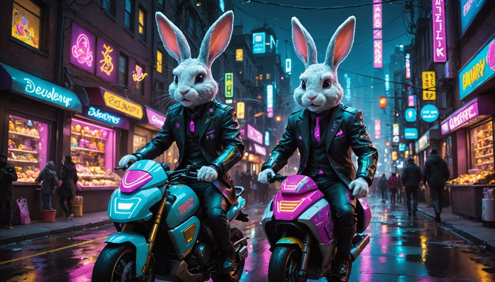a cyberpunk Easter Bunny, clad in a sleek, neon-lit suit, behind him trails a sleigh full of highly decorated Easter bak...