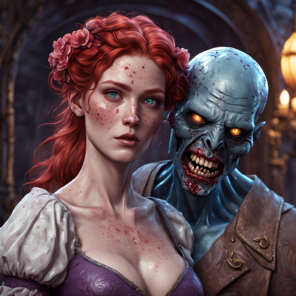 Romantic Date Between Woman and Zombie in Dark Fantasy
