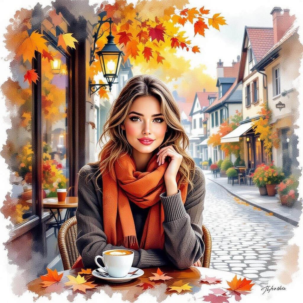 Vibrant Woman in Autumn Cafe Collage