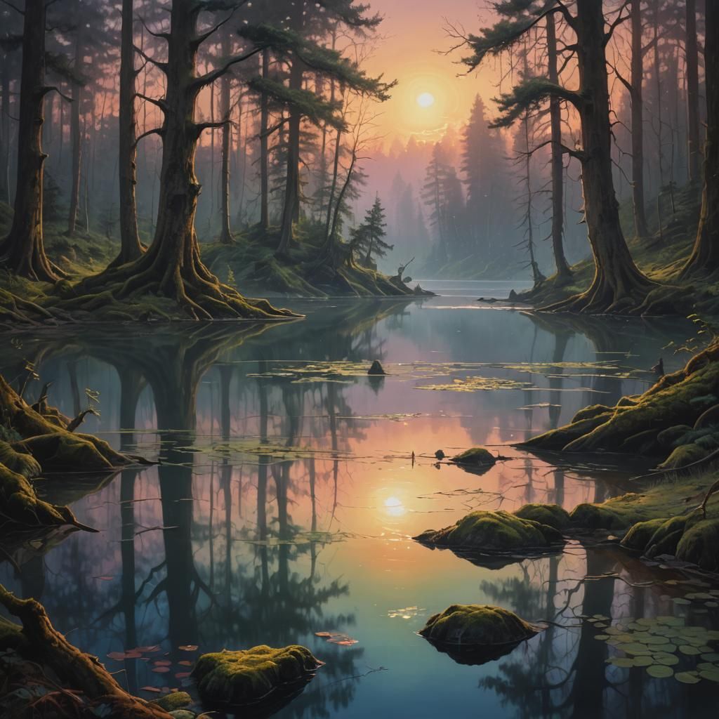 Mystical Sunset Over Ancient Forest Lake