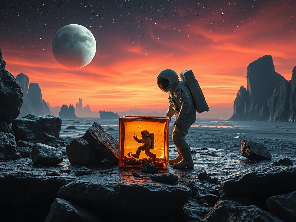 Ambernaut with Everyday Objects in Empire Glass at Rosy Dawn