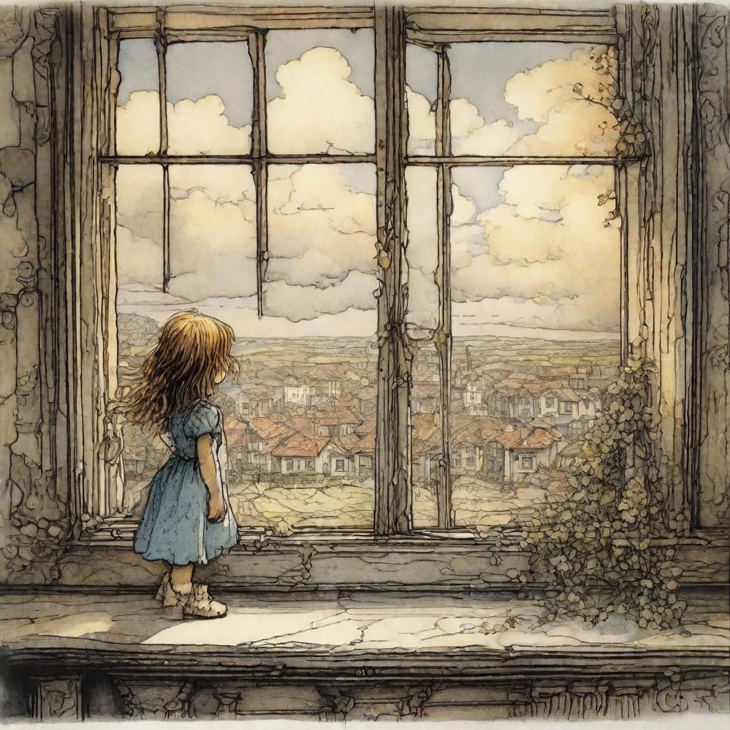 Lonely Girl by Window in Golden Age Illustration Style