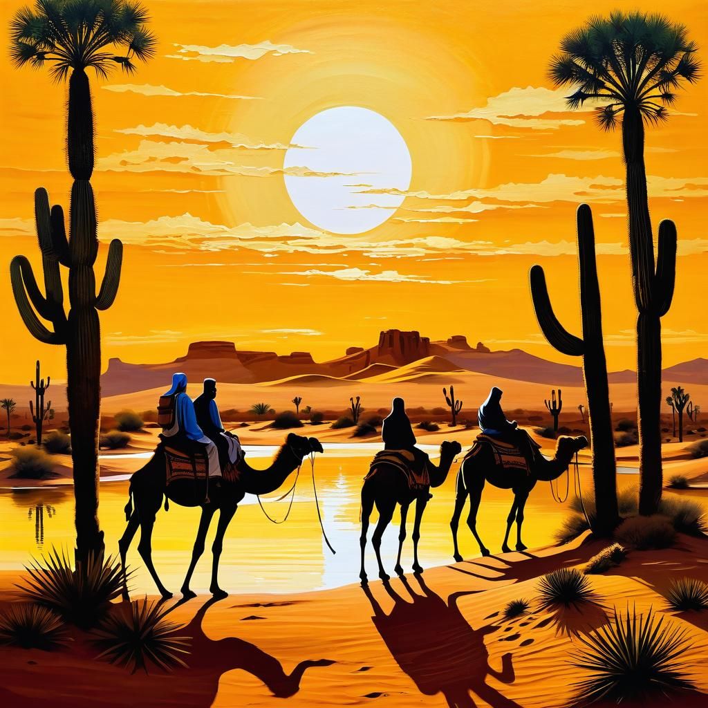 Desert Oasis Sunset in Impasto Style