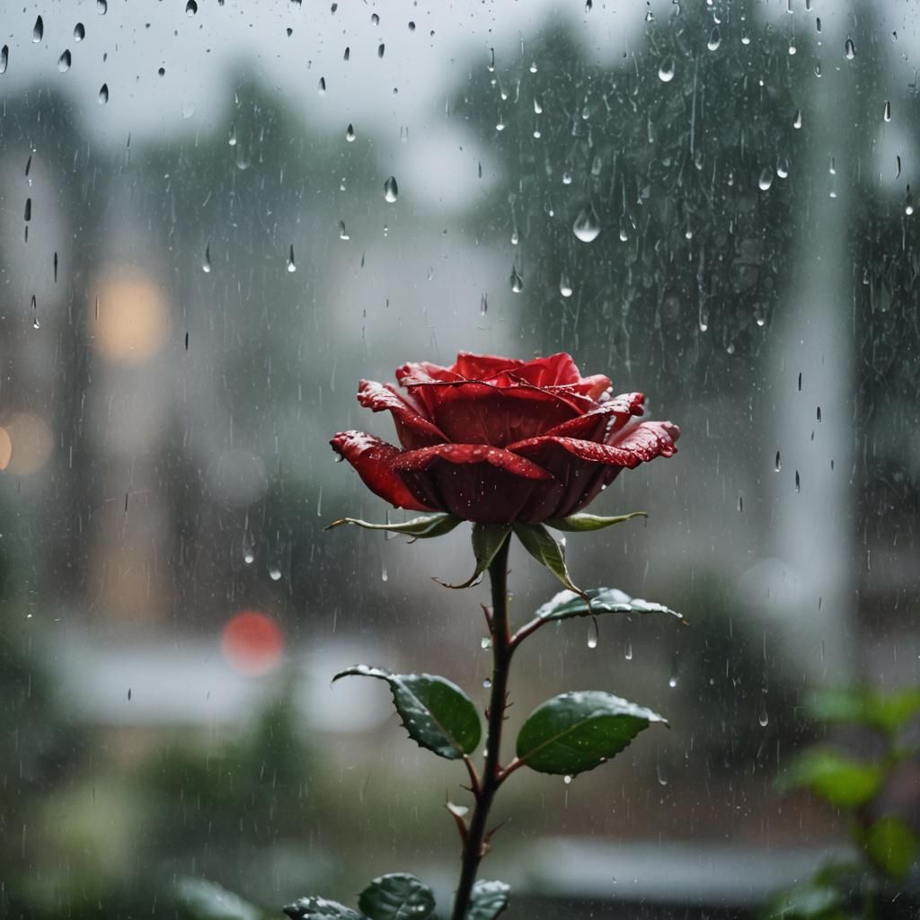 Red Rose Behind Rainy Window: Macro Photography
