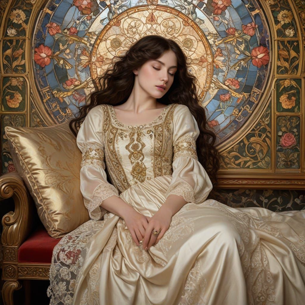 Serene Woman in Lush, Art Nouveau-Inspired Setting