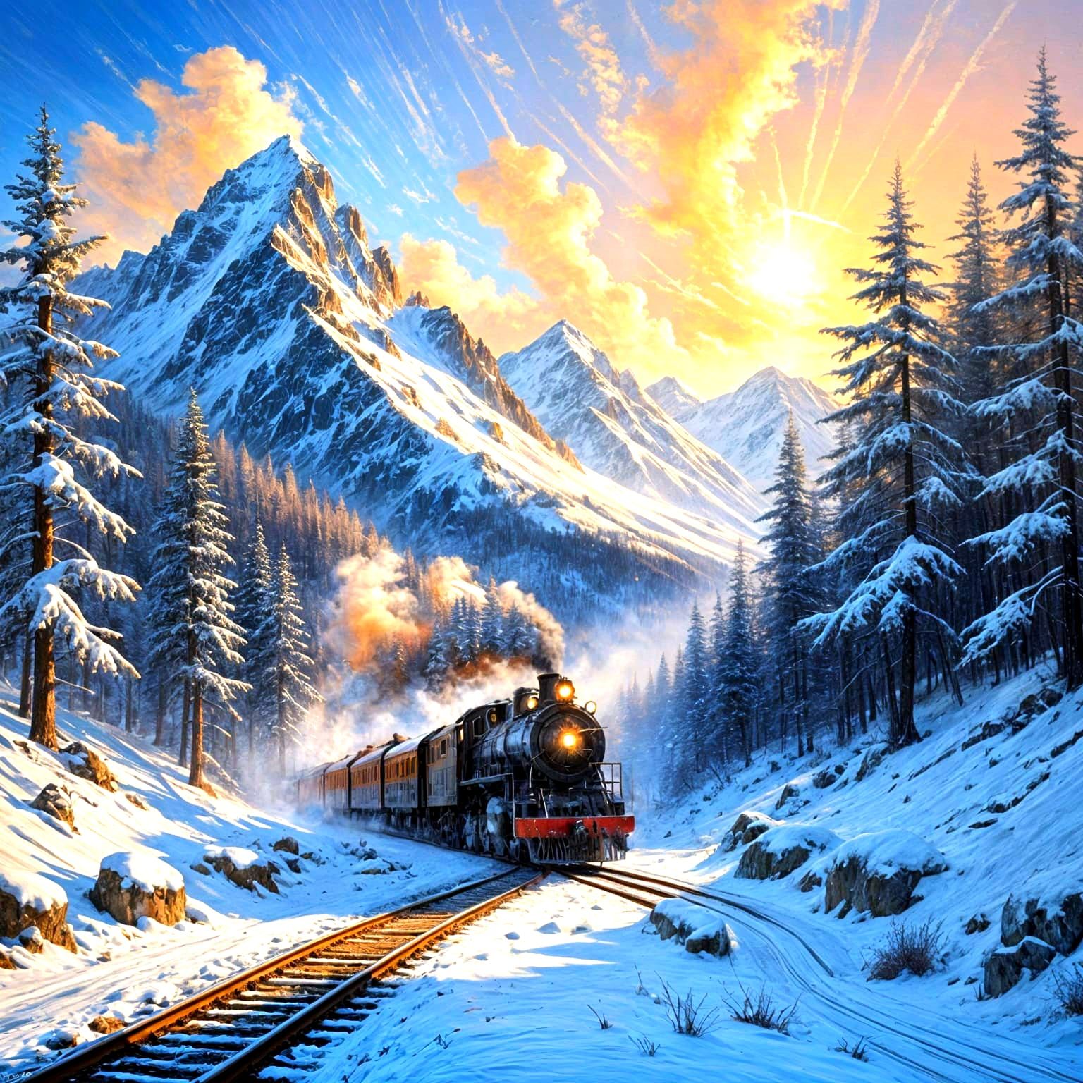 Ethereal Train Journey Through Winter Mountains