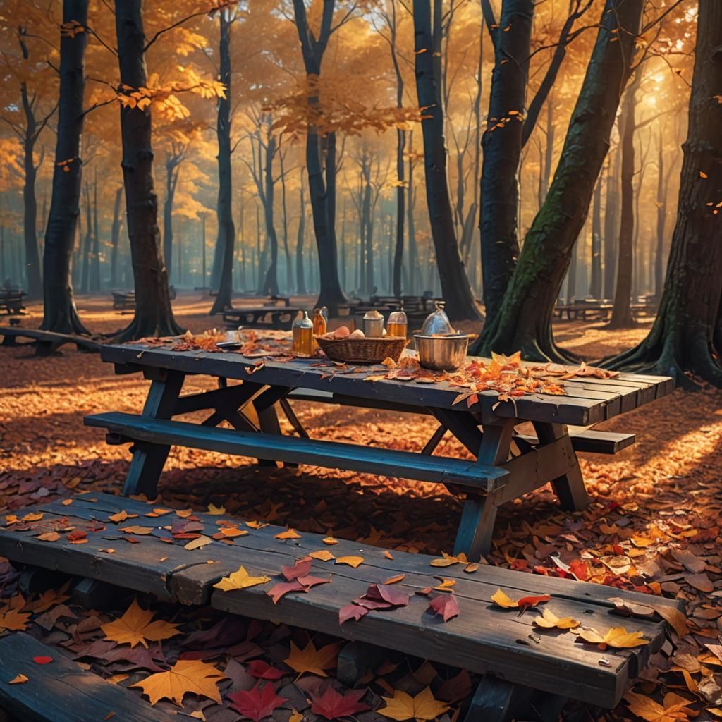 Mystical Forest Picnic Table in Autumn Concept Art