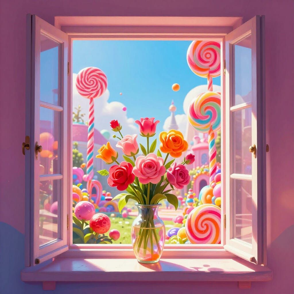 Whimsical Candy Art Style Vase of Flowers