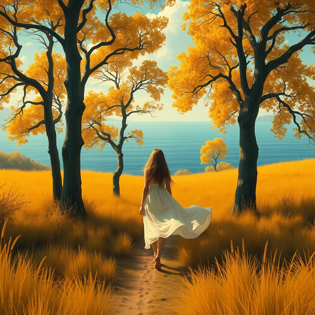 Girl Walking Through Ethereal Field with Seascapes