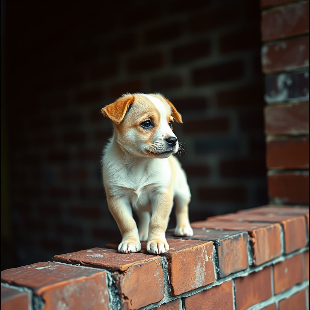 Cute Puppy on Brick Wall in Watercolor Style