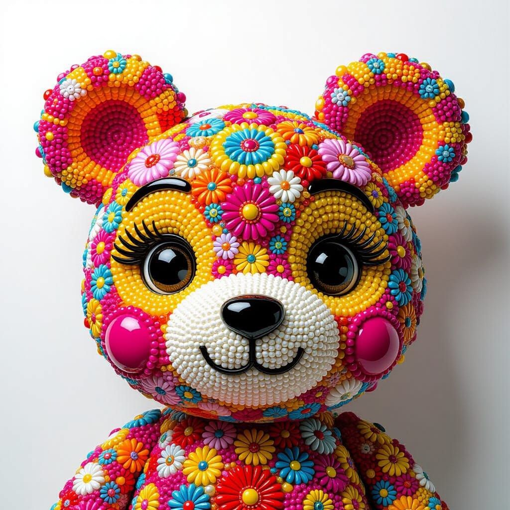 Colorful Beaded Bear Face with Voluminous Texture
