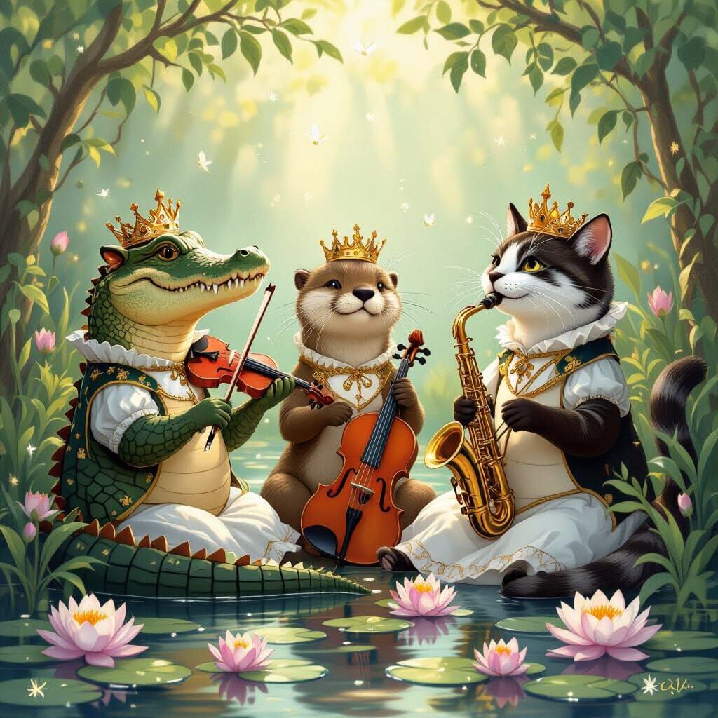 Harmonious Grove: Alligator, Otter, and Cat Serenade