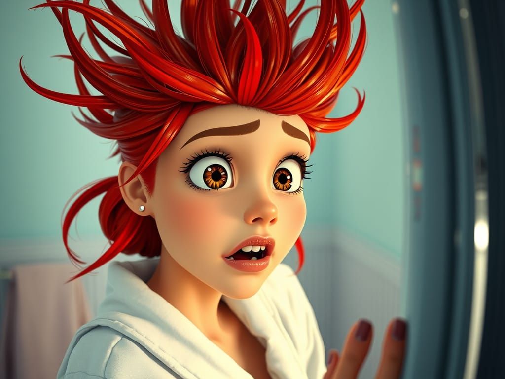 Pixar Style Woman Shocked by Wild Red Hair
