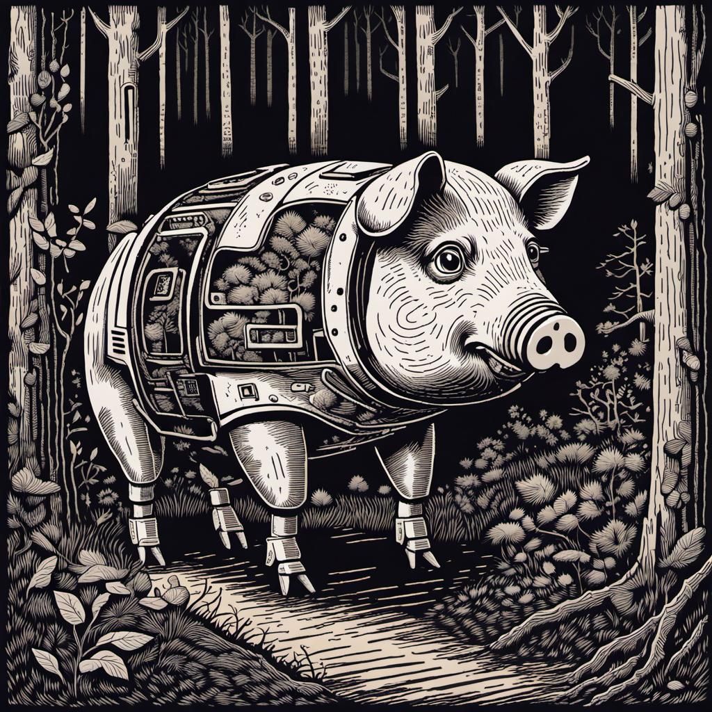 Cyber Pig Robot's Forest Adventure: A Linocut Print