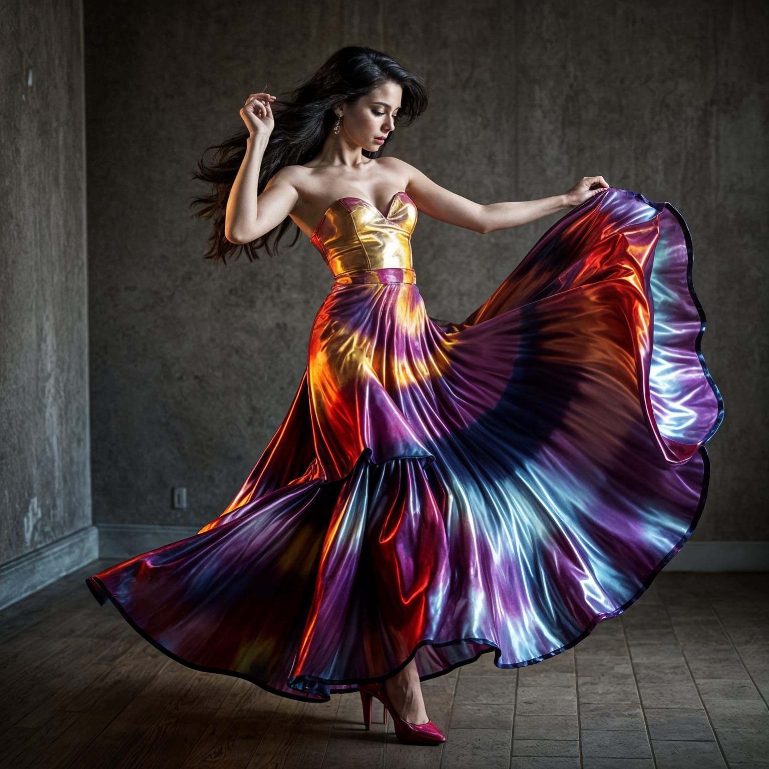 Hyperrealistic Flamenco Dancer in Shimmering Tie-Dye
