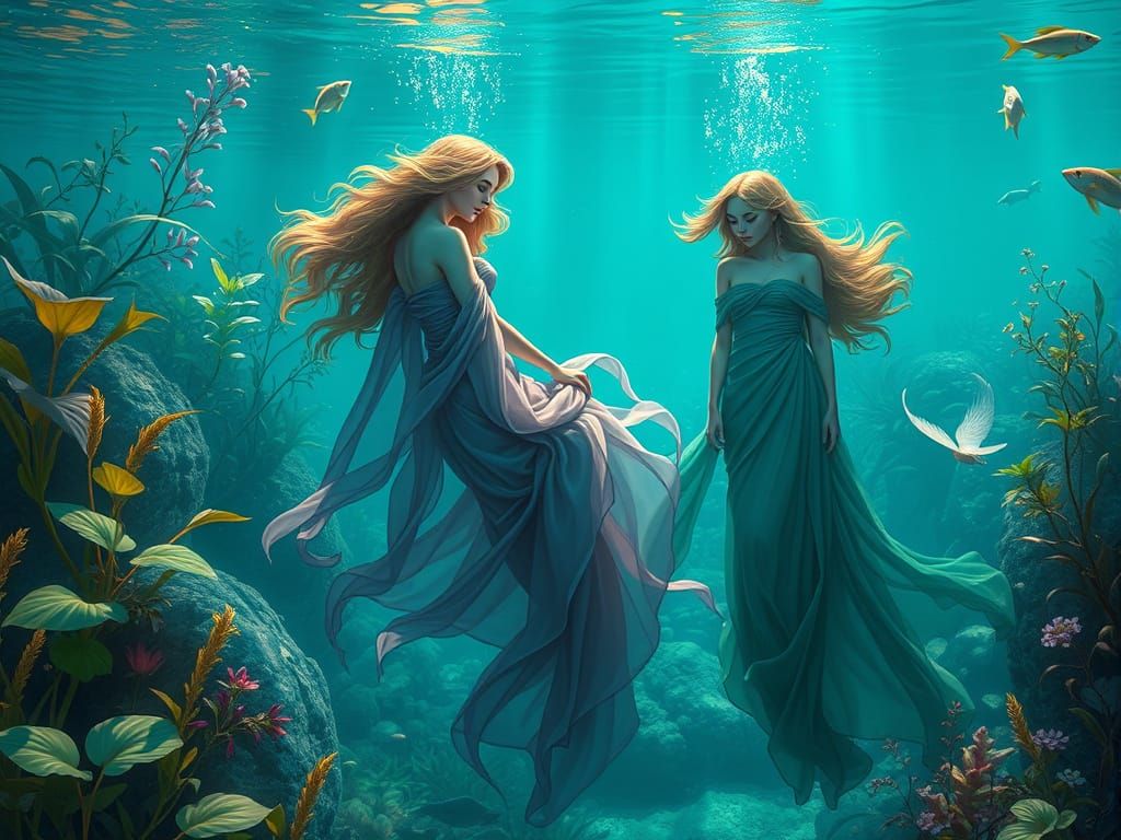 Ethereal Water Nymphs in Underwater Fantasy Scene