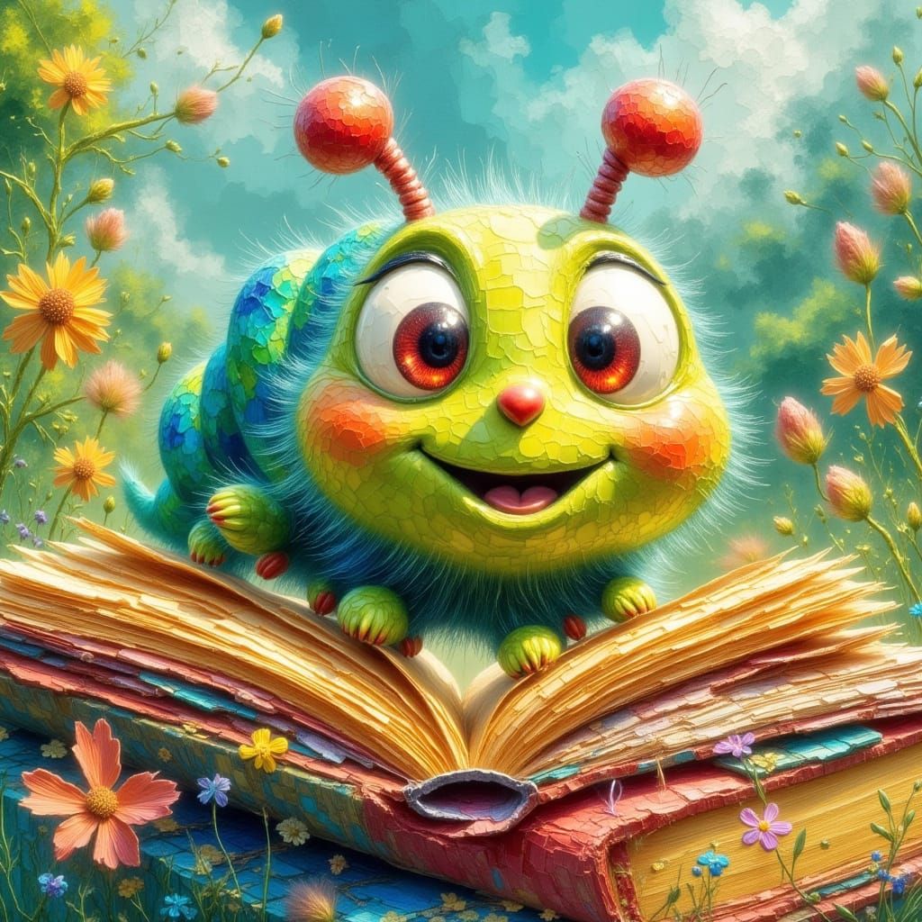 Smiling Caterpillar Peeking Over Book in Watercolor Style