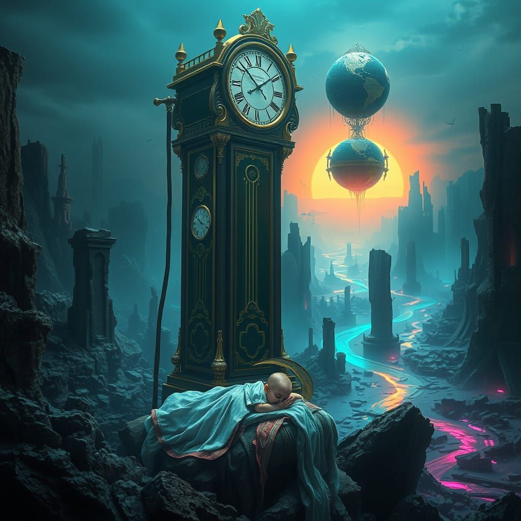 Surreal Grandfather Clock Stands Amidst Futuristic City Ruin...