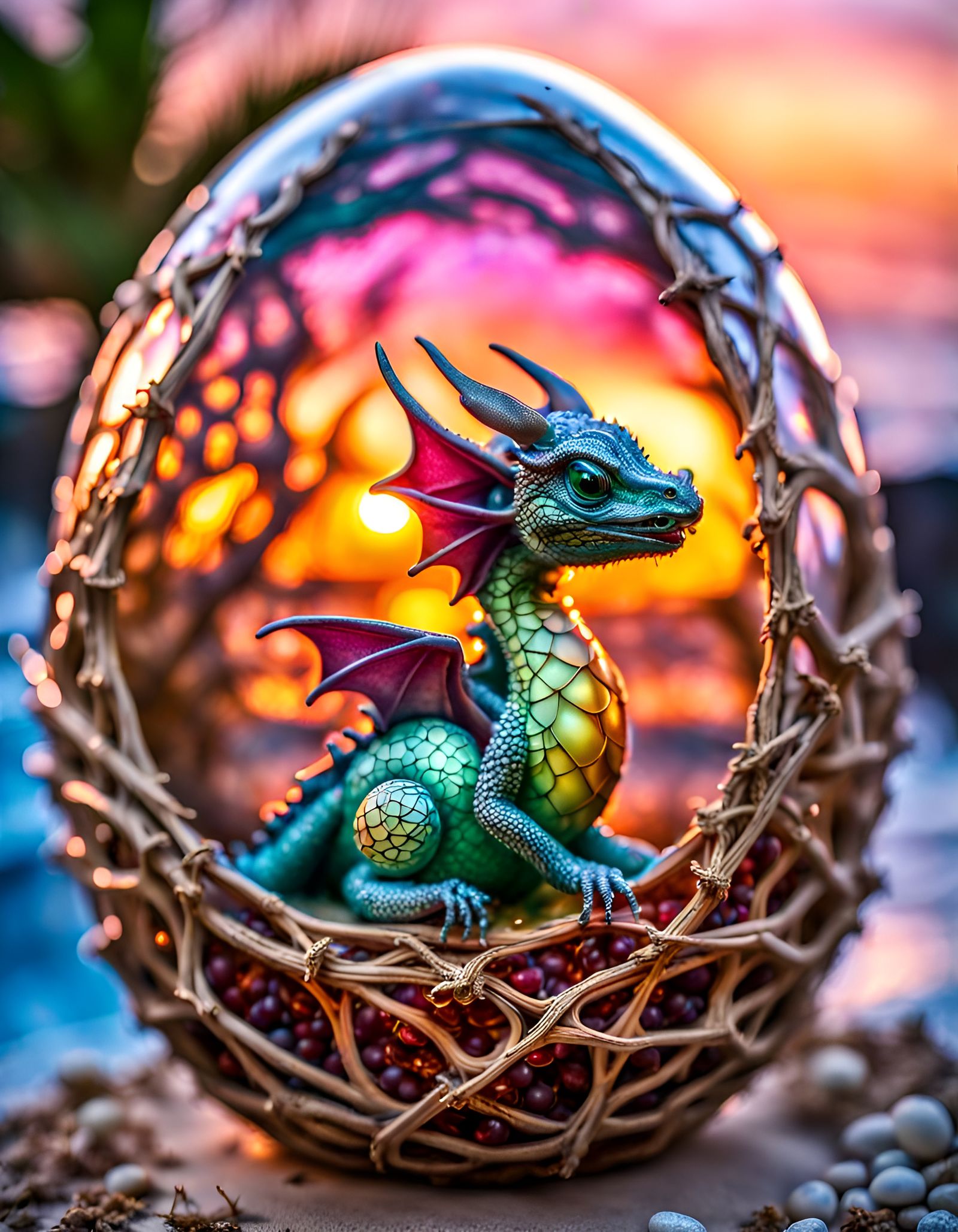 Adorable Baby Dragon in Egg on Tropical Beach