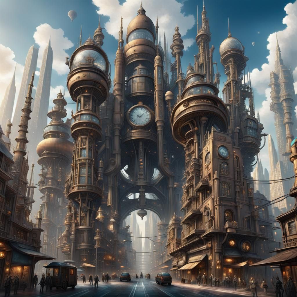 Futuristic Steampunk Cityscape in Ethereal Light
