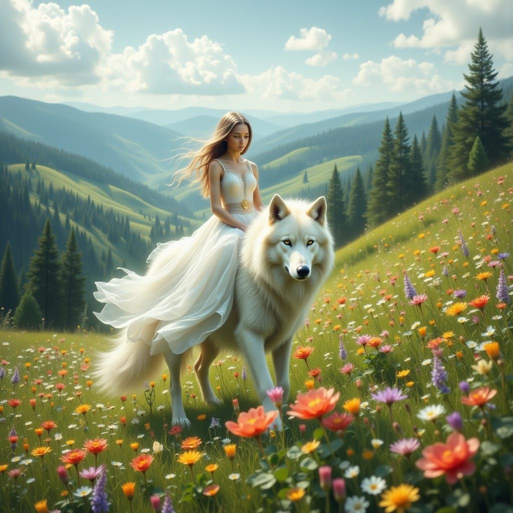 Girl Rides Wolf Through Dreamy Valley