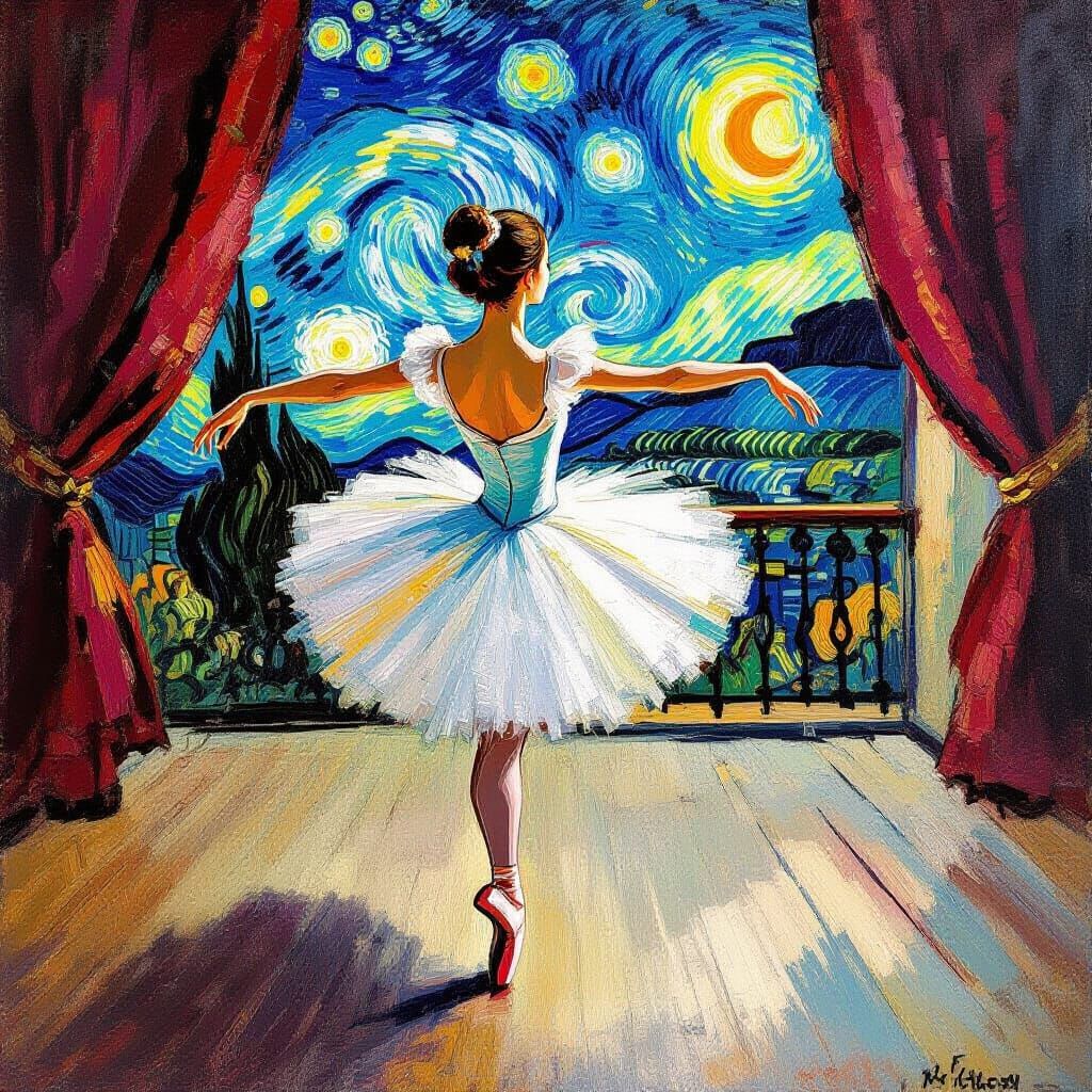 Ballerina Pirouette in Van Gogh Post-Impressionist Style
