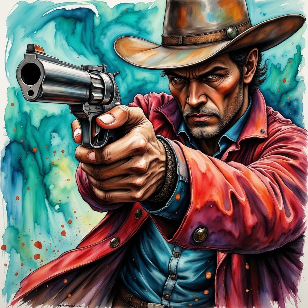 Gritty Cowboy Portrait with Revolver, Ink Illustration