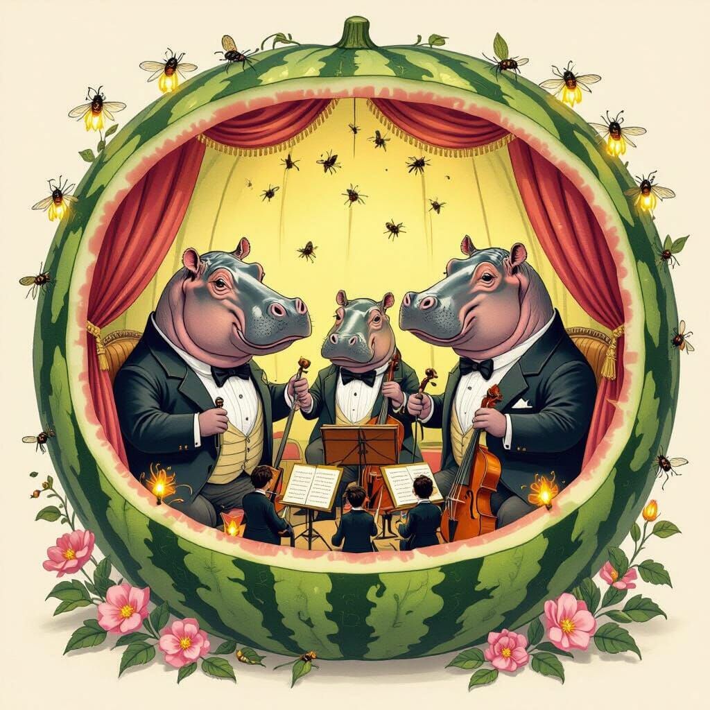 Hippo Opera Inside Watermelon, Botanical Illustration