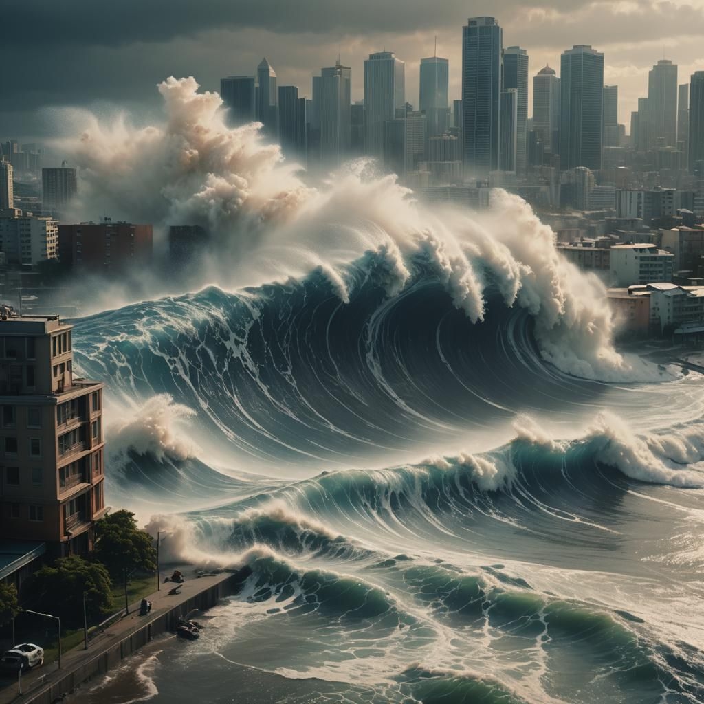 Tsunami Wave About to Hit Metropolis: Cinematic Still
