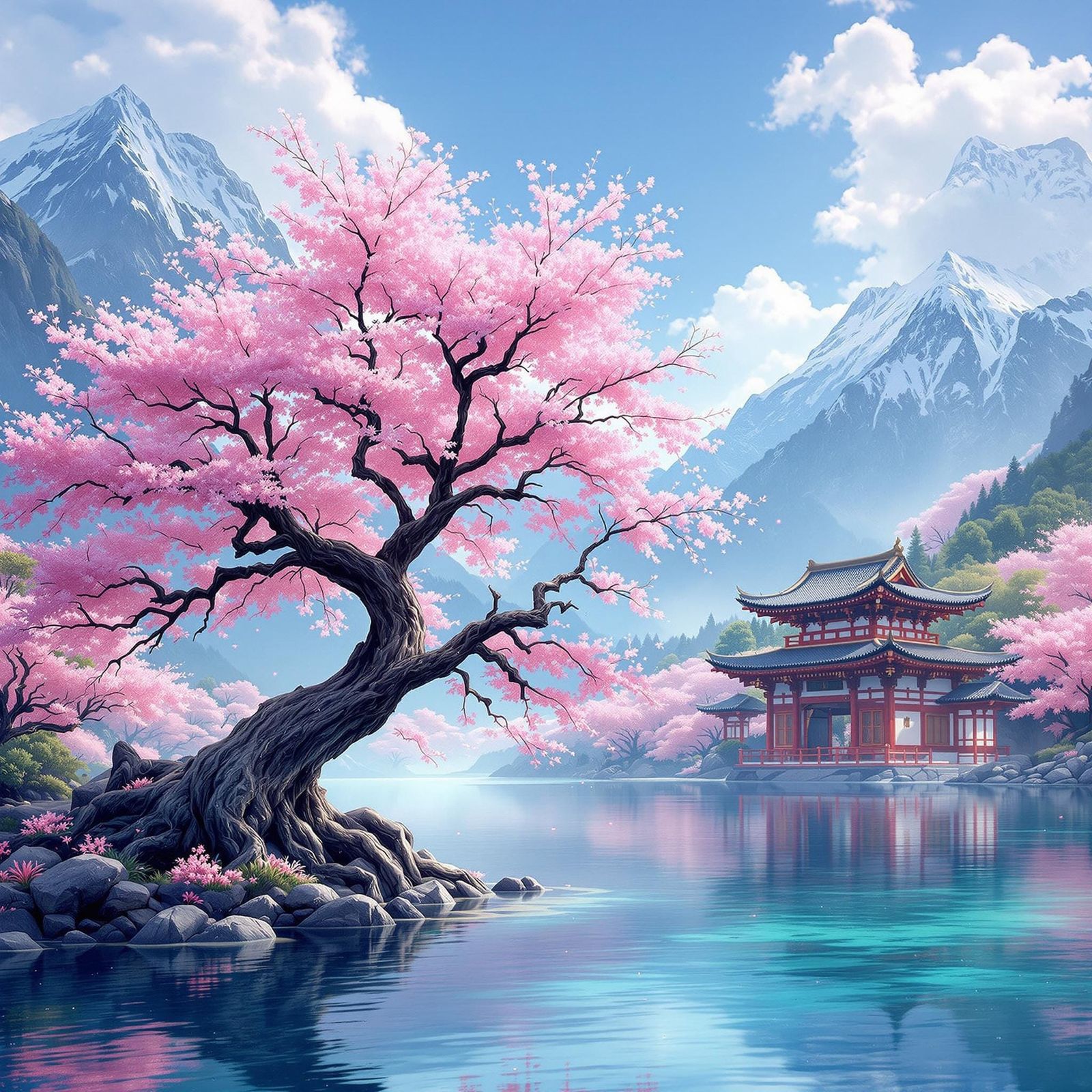 Ancient Sakura Tree in Japanese Landscape
