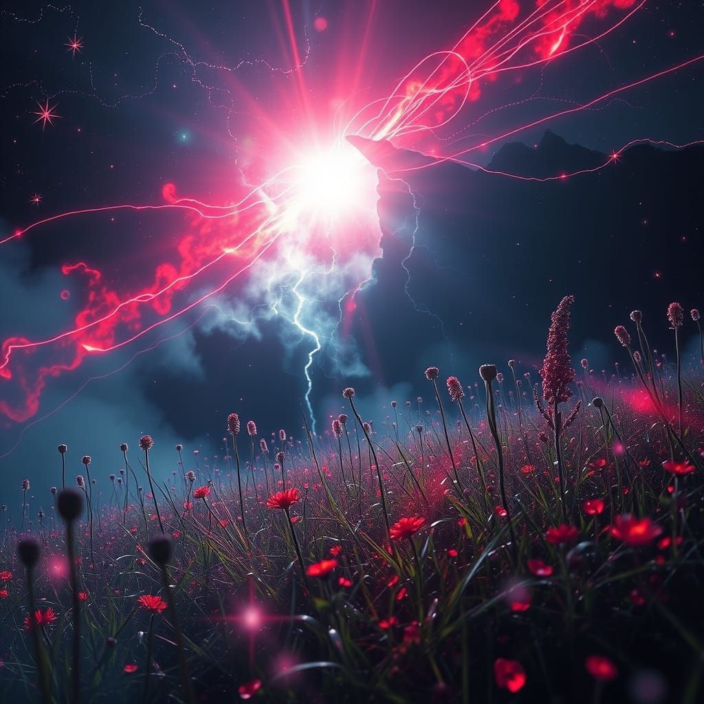 Ethereal Meadow: Bioluminescent Storms and Cosmic Rifts