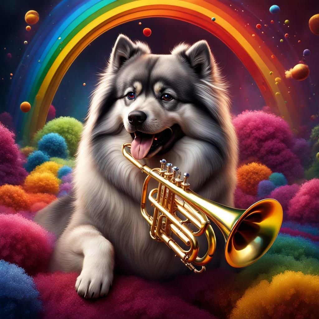 Keeshond's Rainbow Trumpet Serenade: Hyperrealistic Fantasy ...