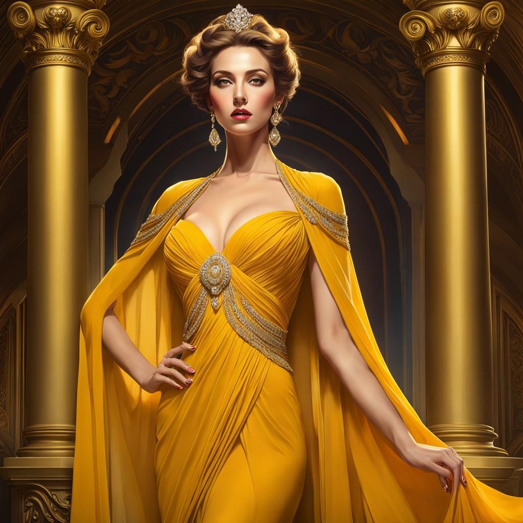 Woman in Flowing Yellow Gown: Ethereal Fantasy Art